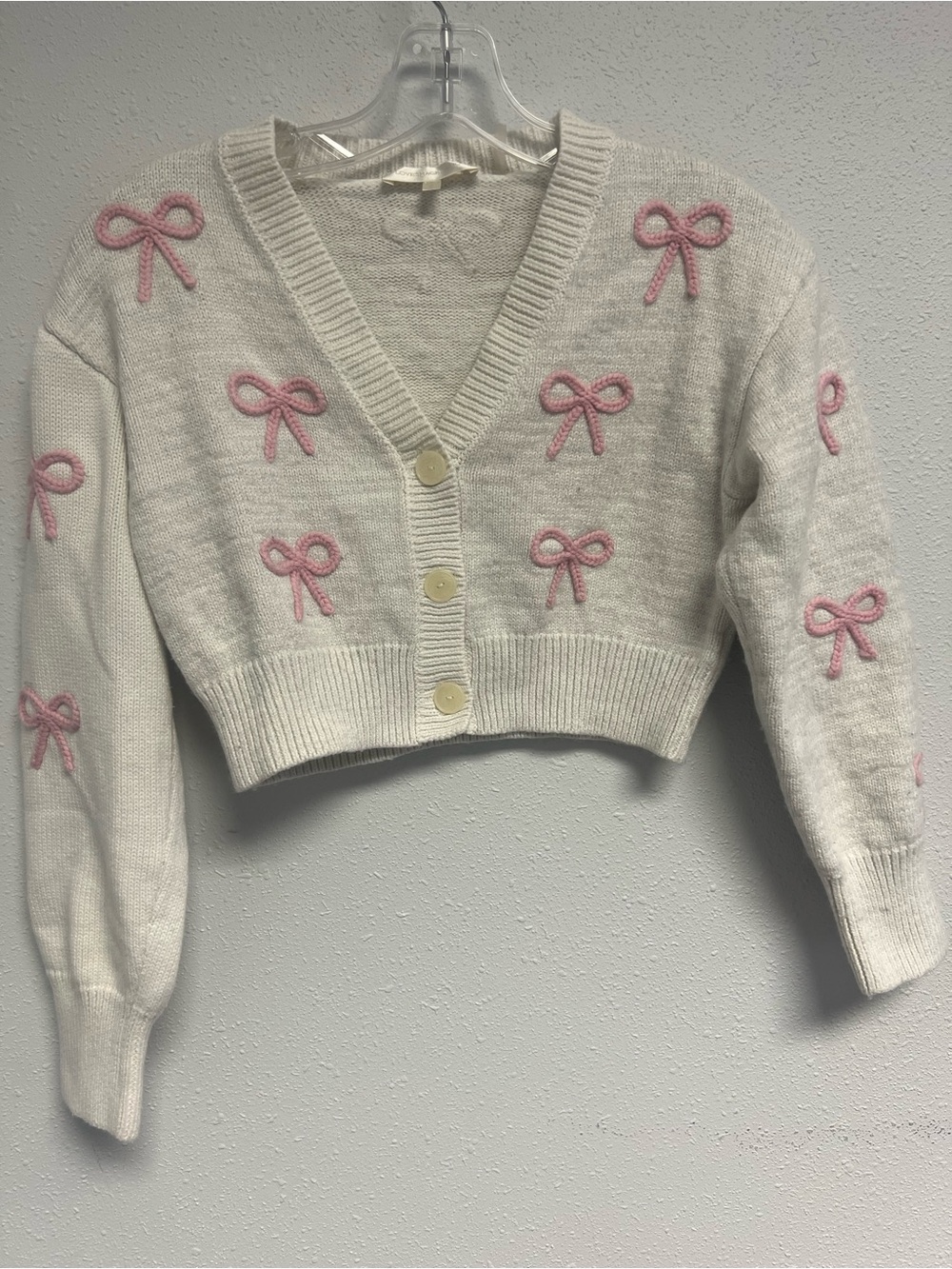 LoveShackFancy Cream Cropped Cardigan with Pink Bow Appliqués